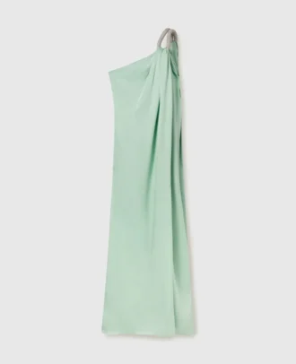 Asymmetrisches, drapiertes Maxikleid mit bleifreier Kristallkette