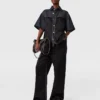 Satin-Einsatz-Kurzarm-Jeanshemd