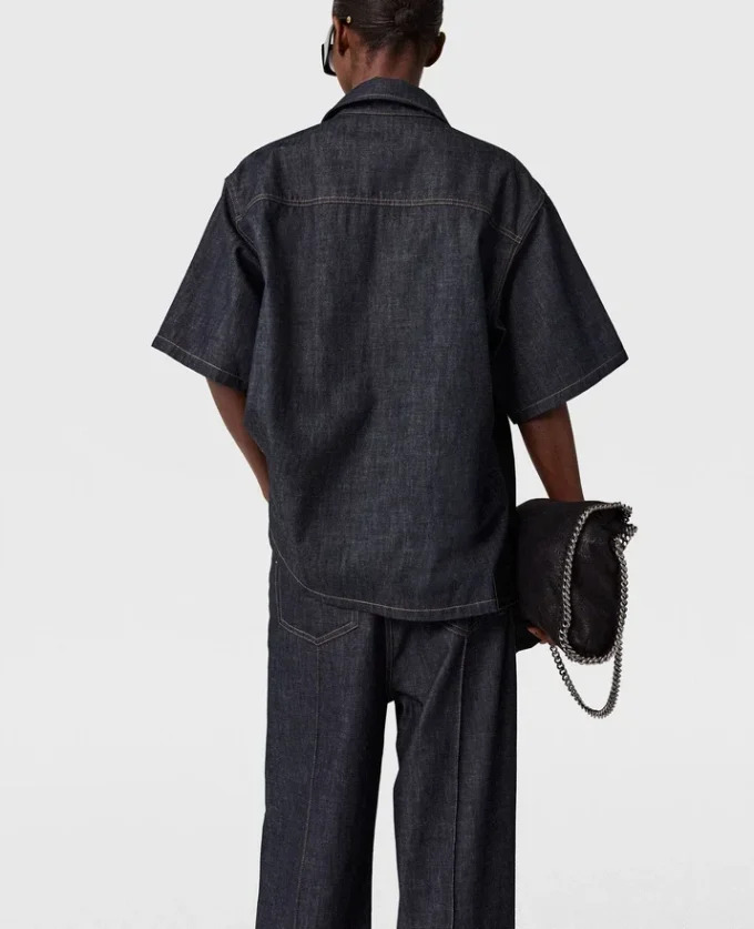 Satin-Einsatz-Kurzarm-Jeanshemd