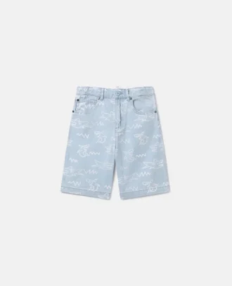 Denim-Shorts mit Hai-Print