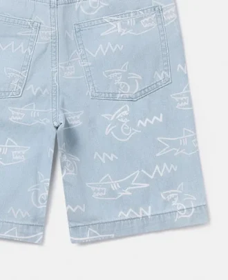 Denim-Shorts mit Hai-Print