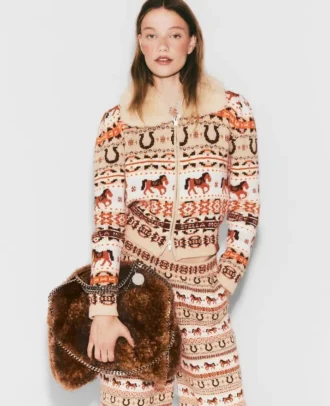 Fair Isle-Strickjacke mit Plüschkragen