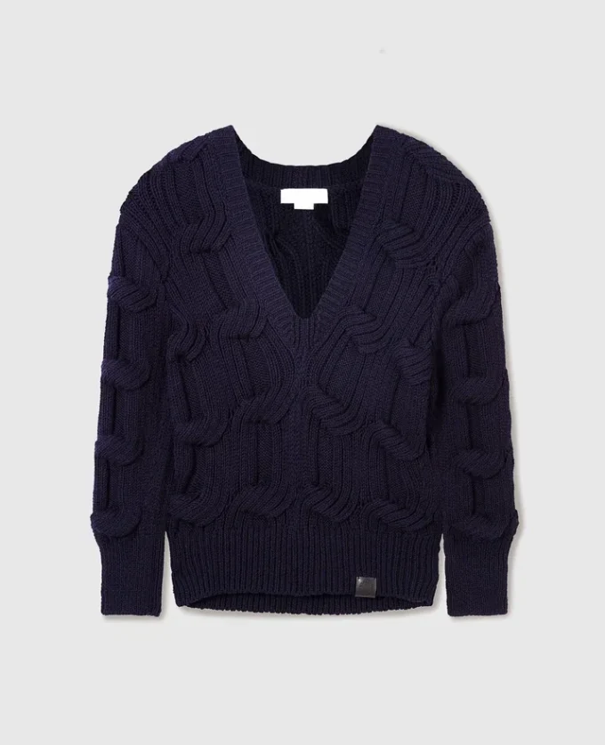 Falabella-Pullover mit Zopfmuster und V-Ausschnitt