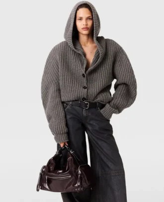 Grobe Strickjacke mit Kapuze und Rippbündchen