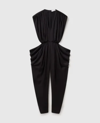 Jumpsuit mit tiefem V-Ausschnitt, Schulterpolstern und Plissee