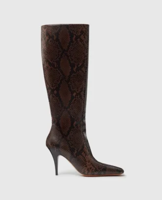 Kniehohe Stiletto-Stiefel mit eckiger Spitze und Schlangenmuster