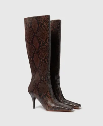 Kniehohe Stiletto-Stiefel mit eckiger Spitze und Schlangenmuster