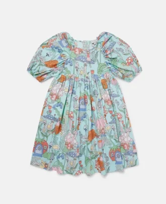 Kurzärmeliges Kleid mit Plissee und Waldmotiv