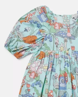 Kurzärmeliges Kleid mit Plissee und Waldmotiv