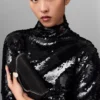 Langärmeliges, drapiertes Minikleid mit Pailletten