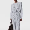Langärmeliges Midikleid mit gedrehter Vorderseite