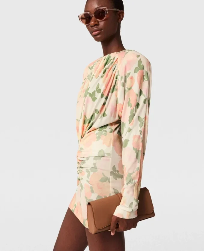 Langärmeliges Minikleid mit Pfingstrosenprint