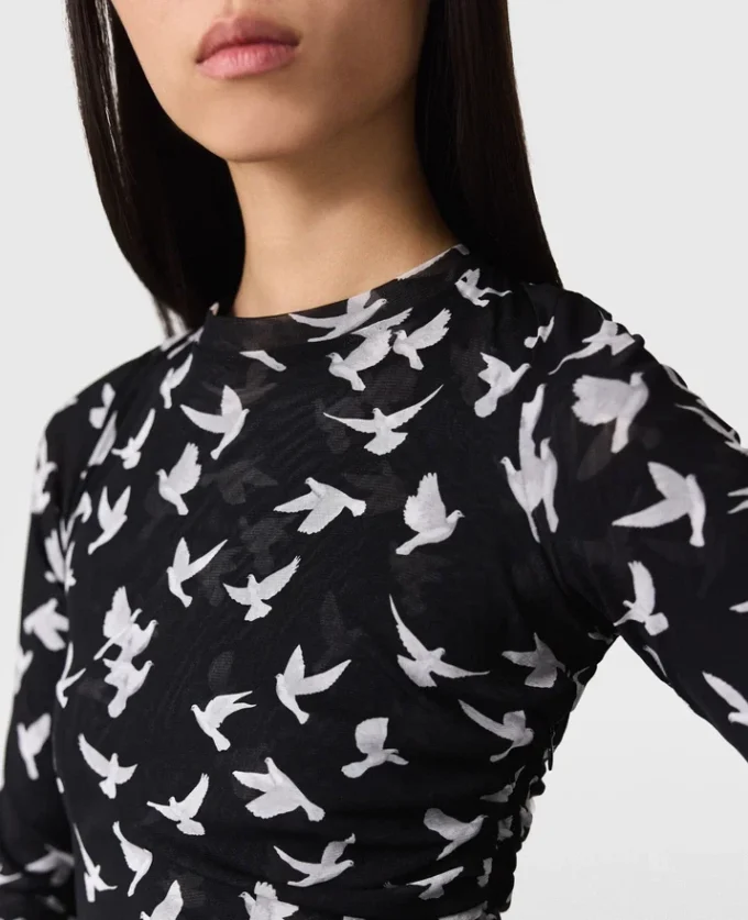 Langärmliges Kleid mit Taubenprint