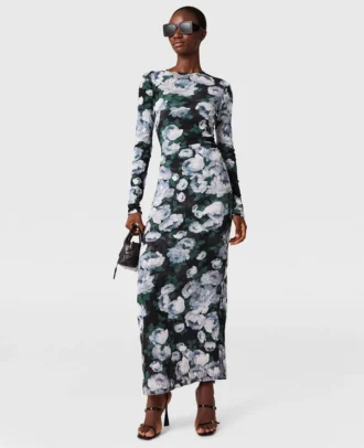 Langärmliges Midi-Kleid aus Mesh mit Blumenmuster