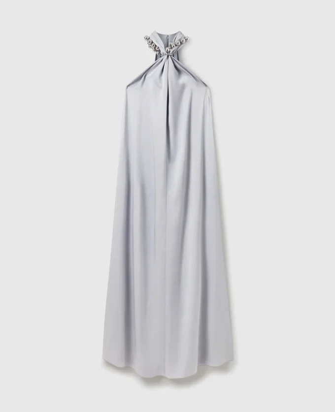 Maxikleid aus Satin mit Kugelketten-Halterneck