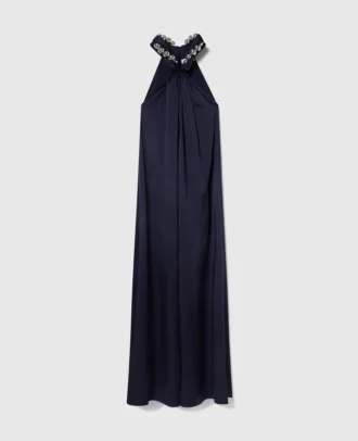 Maxikleid aus Satin mit Kugelketten-Halterneck