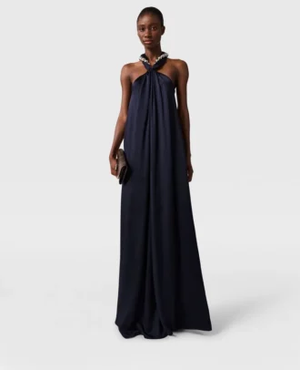 Maxikleid aus Satin mit Kugelketten-Halterneck