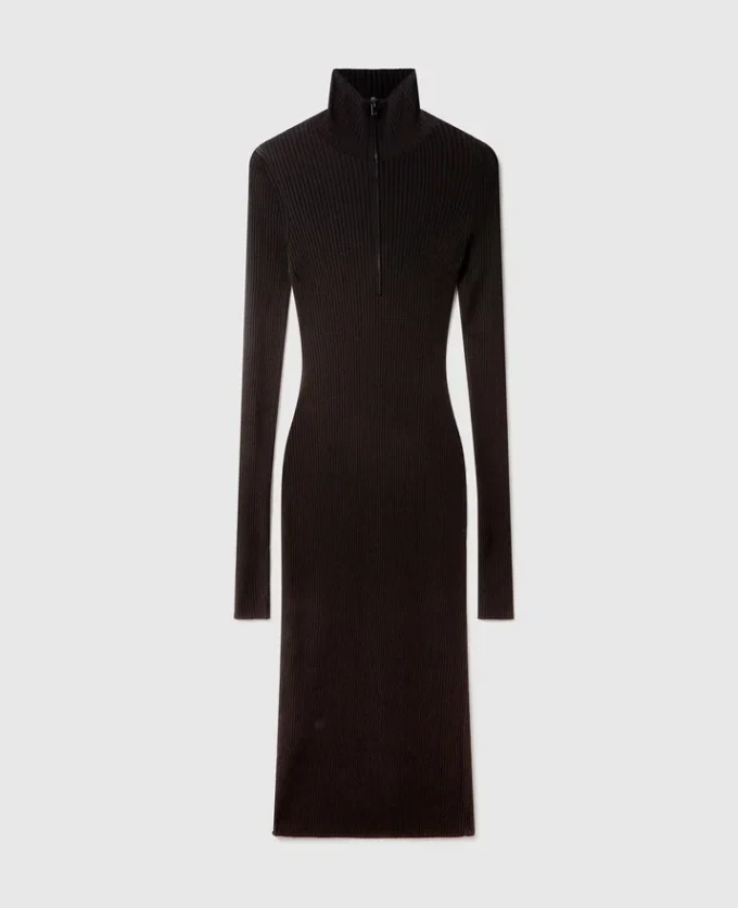 Midi-Kleid aus geripptem Strick mit Reißverschluss am Halsausschnitt