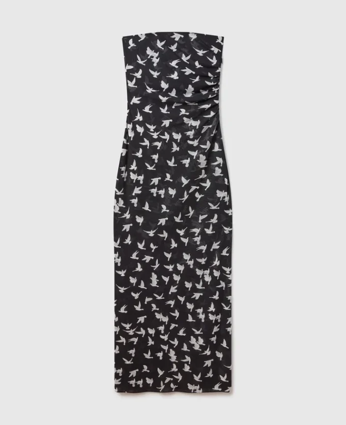 Midi-Kleid aus Mesh mit Taubenprint und trägerlosem Ausschnitt