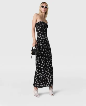 Midi-Kleid aus Mesh mit Taubenprint und trägerlosem Ausschnitt