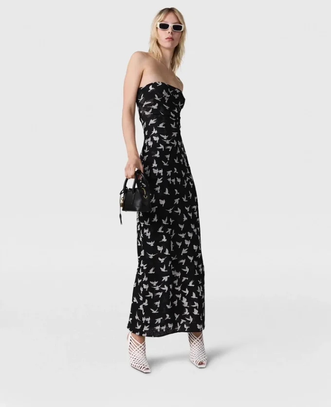 Midi-Kleid aus Mesh mit Taubenprint und trägerlosem Ausschnitt