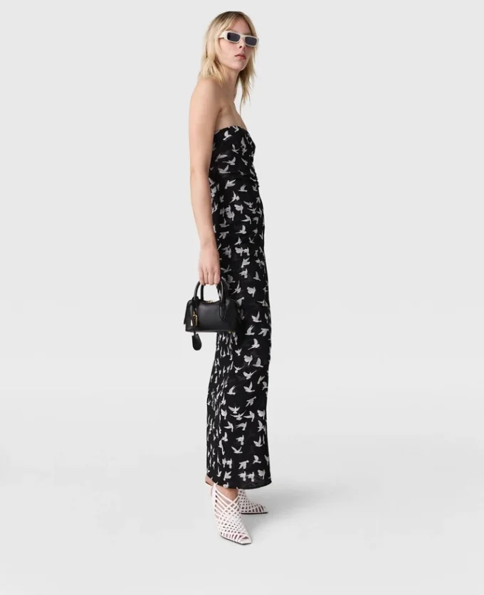 Midi-Kleid aus Mesh mit Taubenprint und trägerlosem Ausschnitt