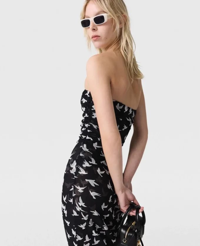 Midi-Kleid aus Mesh mit Taubenprint und trägerlosem Ausschnitt