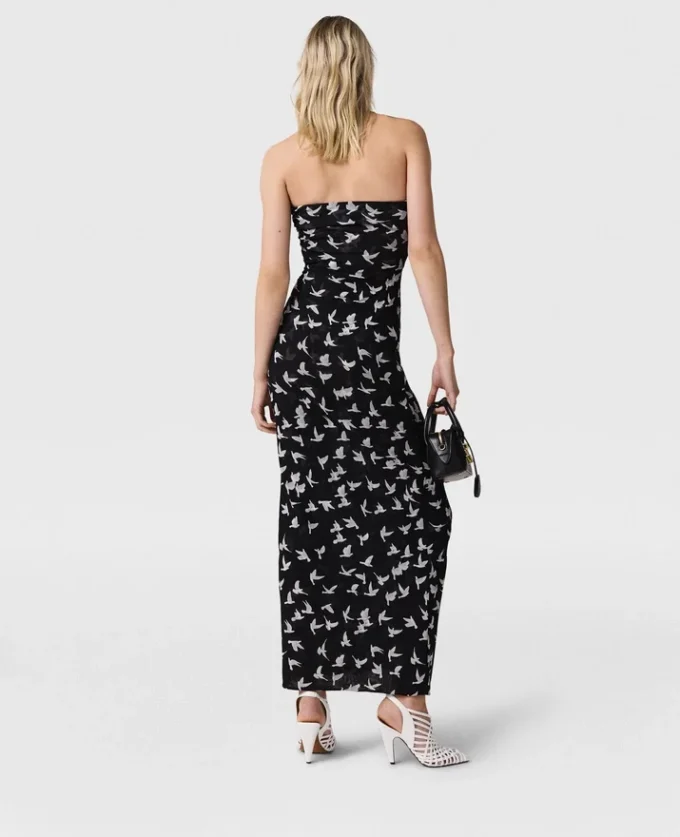 Midi-Kleid aus Mesh mit Taubenprint und trägerlosem Ausschnitt