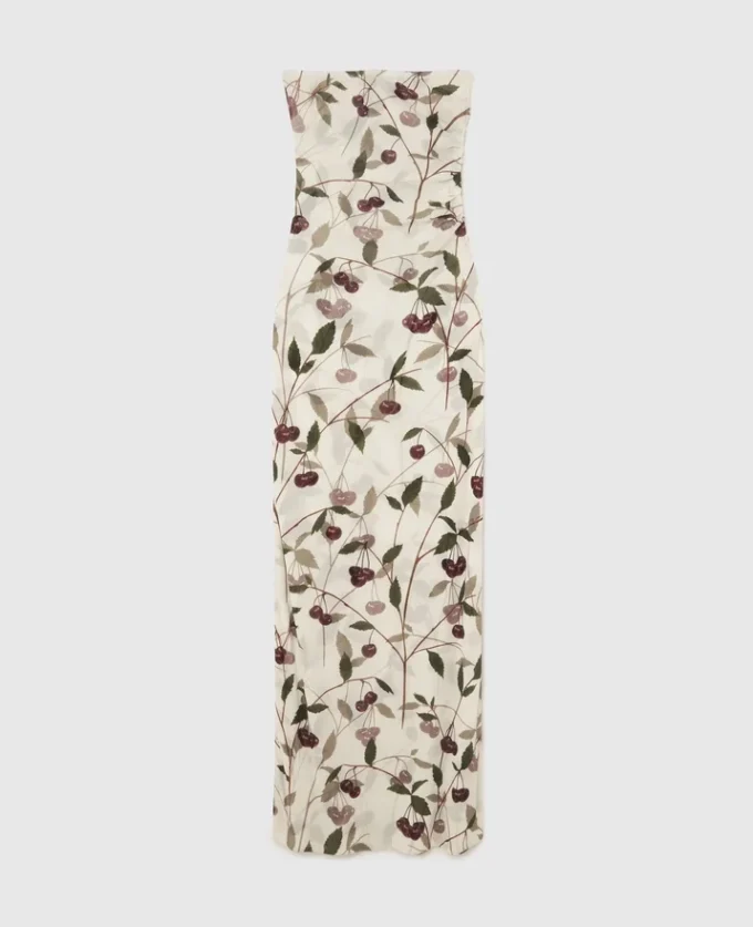 Midi-Kleid mit Kirschprint und Mesh-Stoff