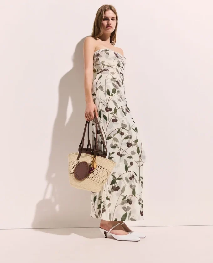 Midi-Kleid mit Kirschprint und Mesh-Stoff