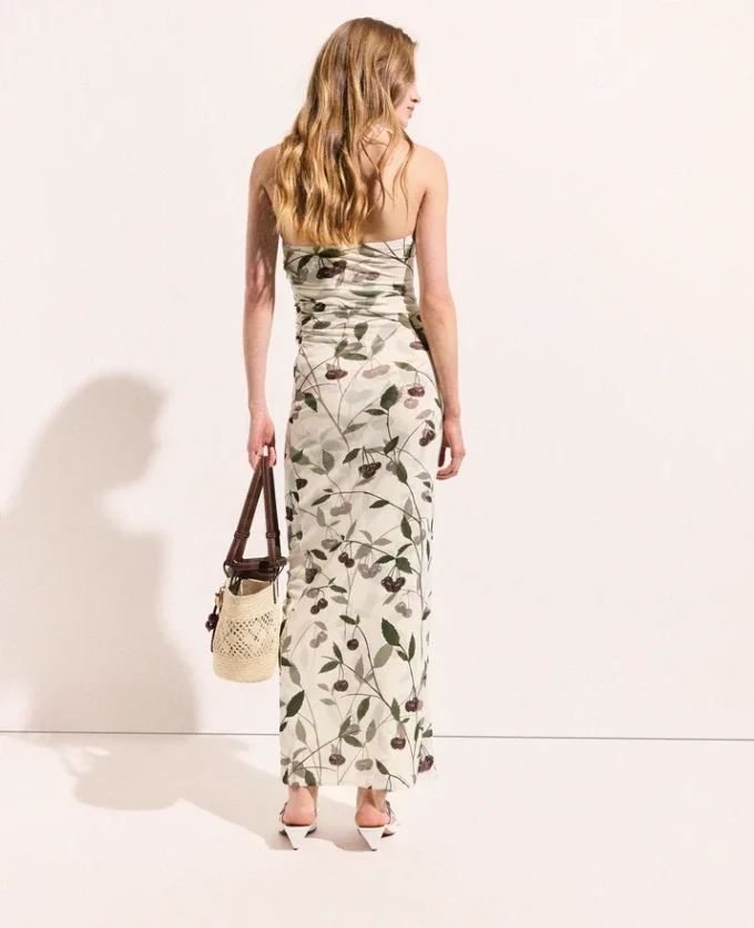 Midi-Kleid mit Kirschprint und Mesh-Stoff