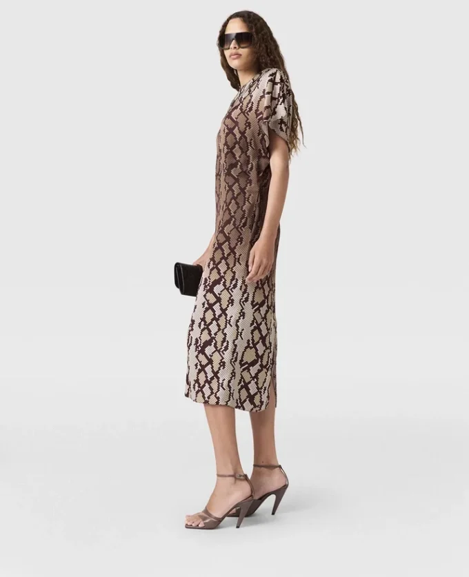 Midi-Kleid mit Schlangenprint und Schulterpolstern