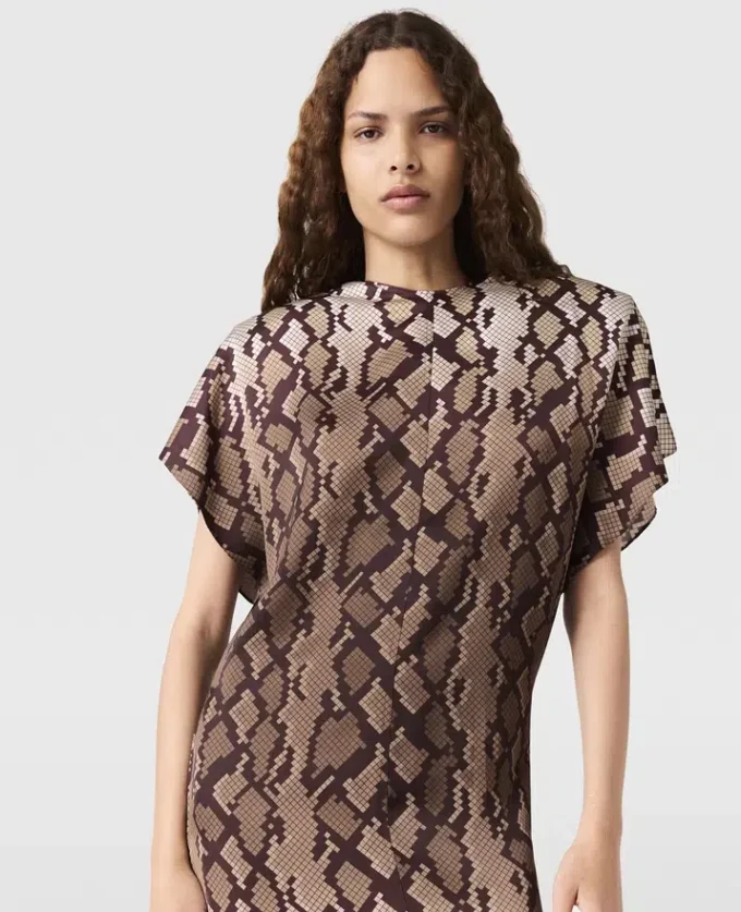 Midi-Kleid mit Schlangenprint und Schulterpolstern