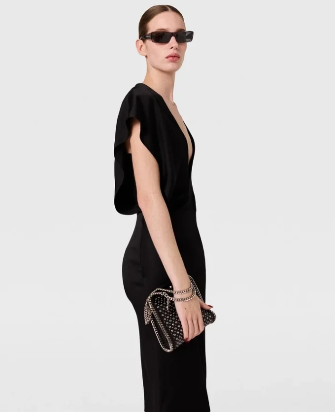 Midi-Kleid mit tiefem V-Ausschnitt und Kapuzenärmeln