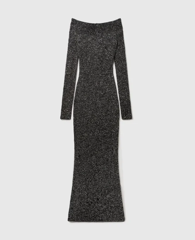 Paillettenbesetztes, schulterfreies, bodenlanges Kleid