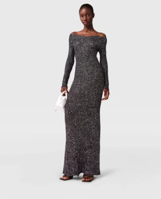 Paillettenbesetztes, schulterfreies, bodenlanges Kleid