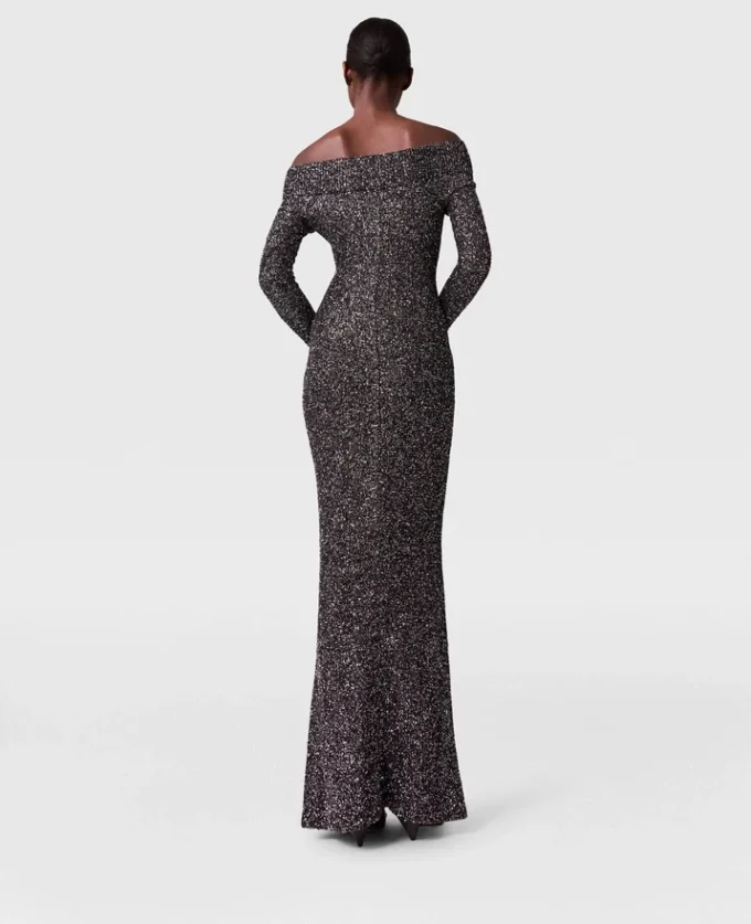 Paillettenbesetztes, schulterfreies, bodenlanges Kleid