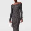 Paillettenbesetztes, schulterfreies, bodenlanges Kleid