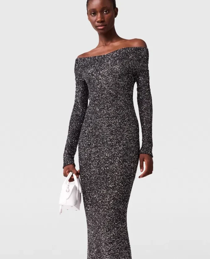 Paillettenbesetztes, schulterfreies, bodenlanges Kleid