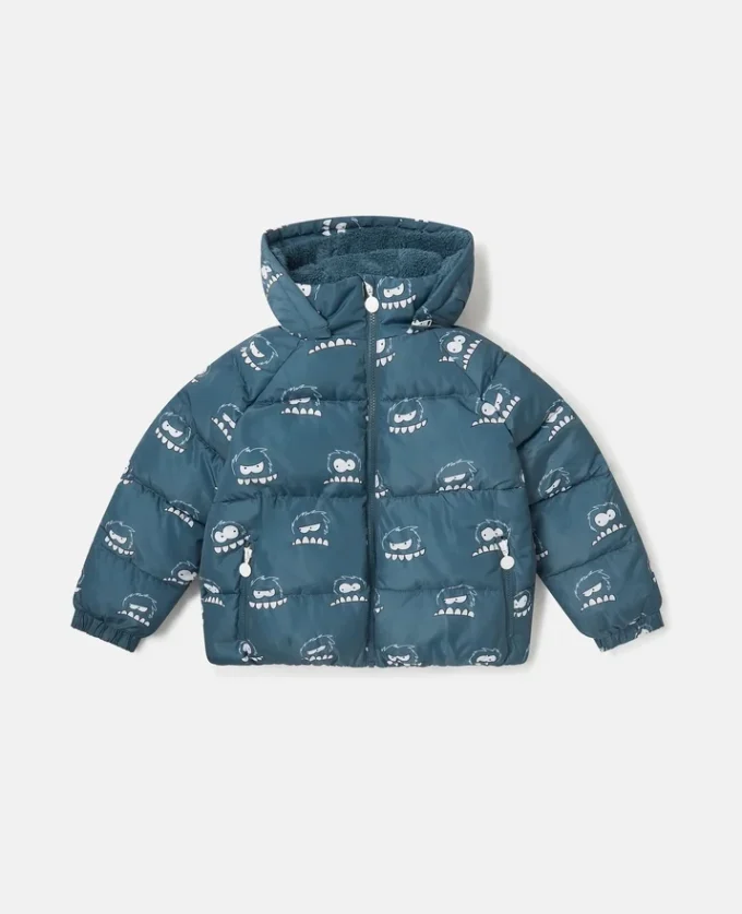 Pufferjacke mit Kapuze und Monster-Print