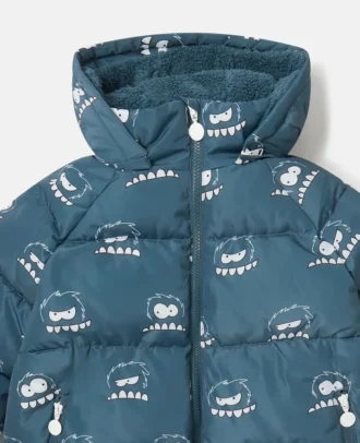 Pufferjacke mit Kapuze und Monster-Print