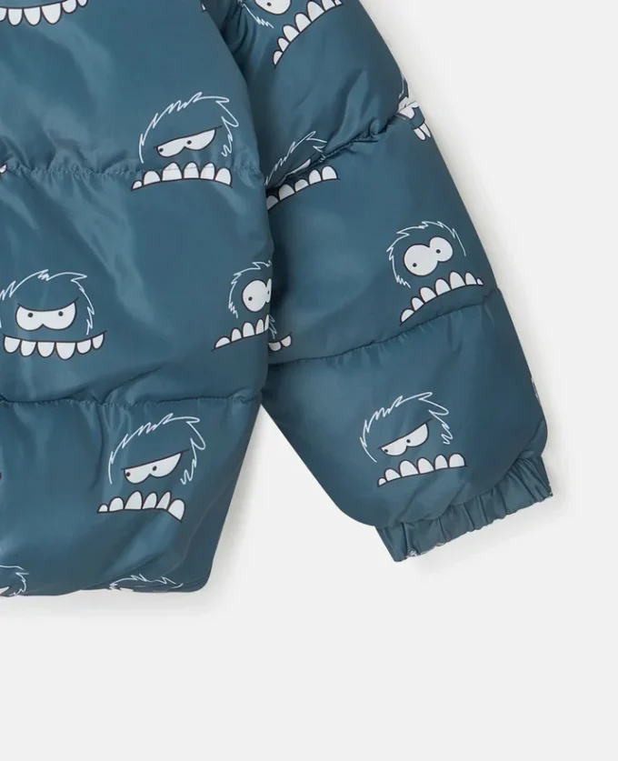 Pufferjacke mit Kapuze und Monster-Print