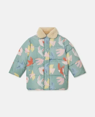 Pufferjacke mit Teddykragen und Taubenprint
