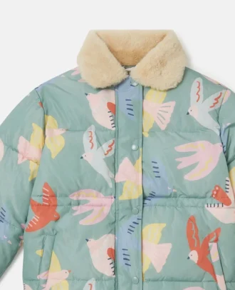 Pufferjacke mit Teddykragen und Taubenprint