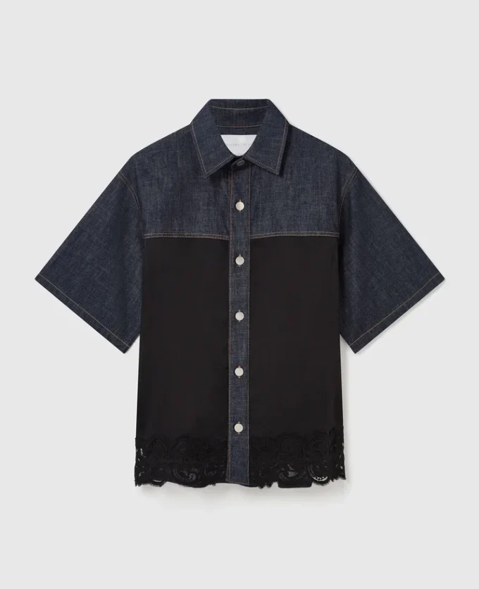 Satin-Einsatz-Kurzarm-Jeanshemd