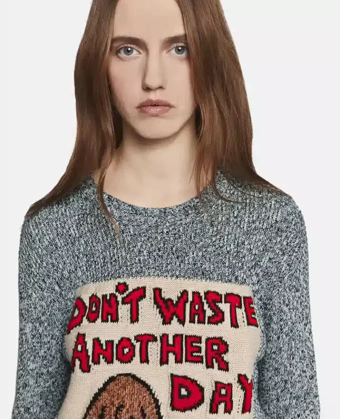 Slogan-Pullover aus Baumwollstrick „Don’t Waste Another Day”