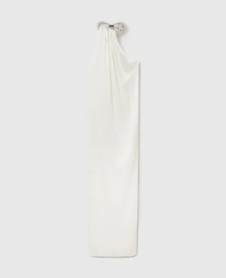Verziertes asymmetrisches Satinkleid mit Neckholder