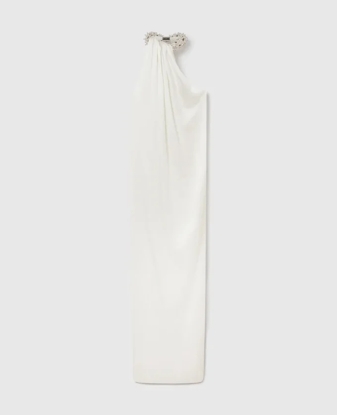 Verziertes asymmetrisches Satinkleid mit Neckholder