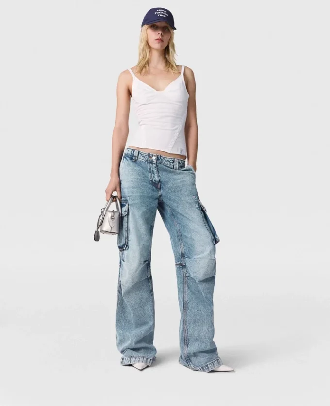 Vintage Wash Denim Cargo Jeans