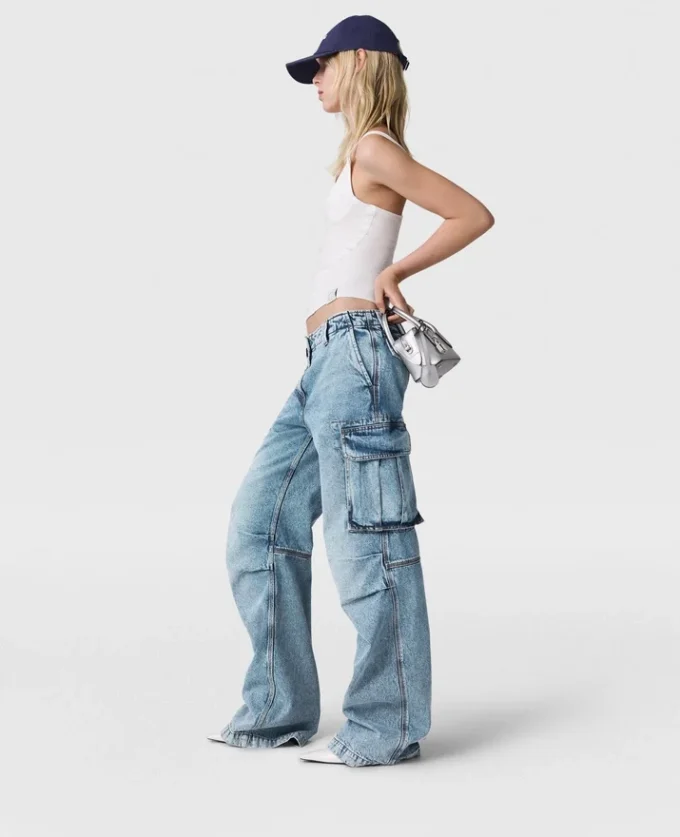 Vintage Wash Denim Cargo Jeans